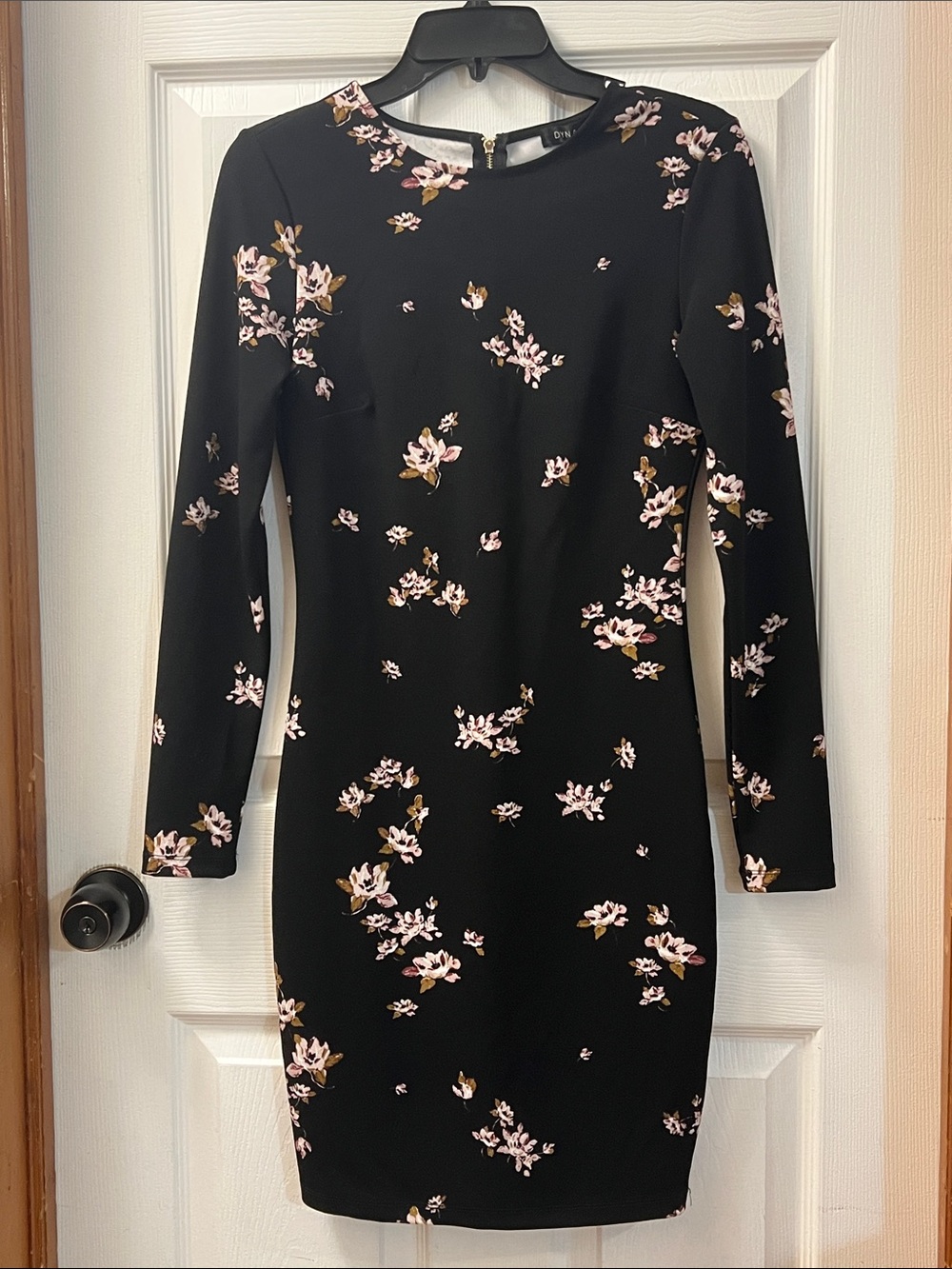 Floral Long-Sleeve Bodycon Dress - Black with Pink Blossoms XS